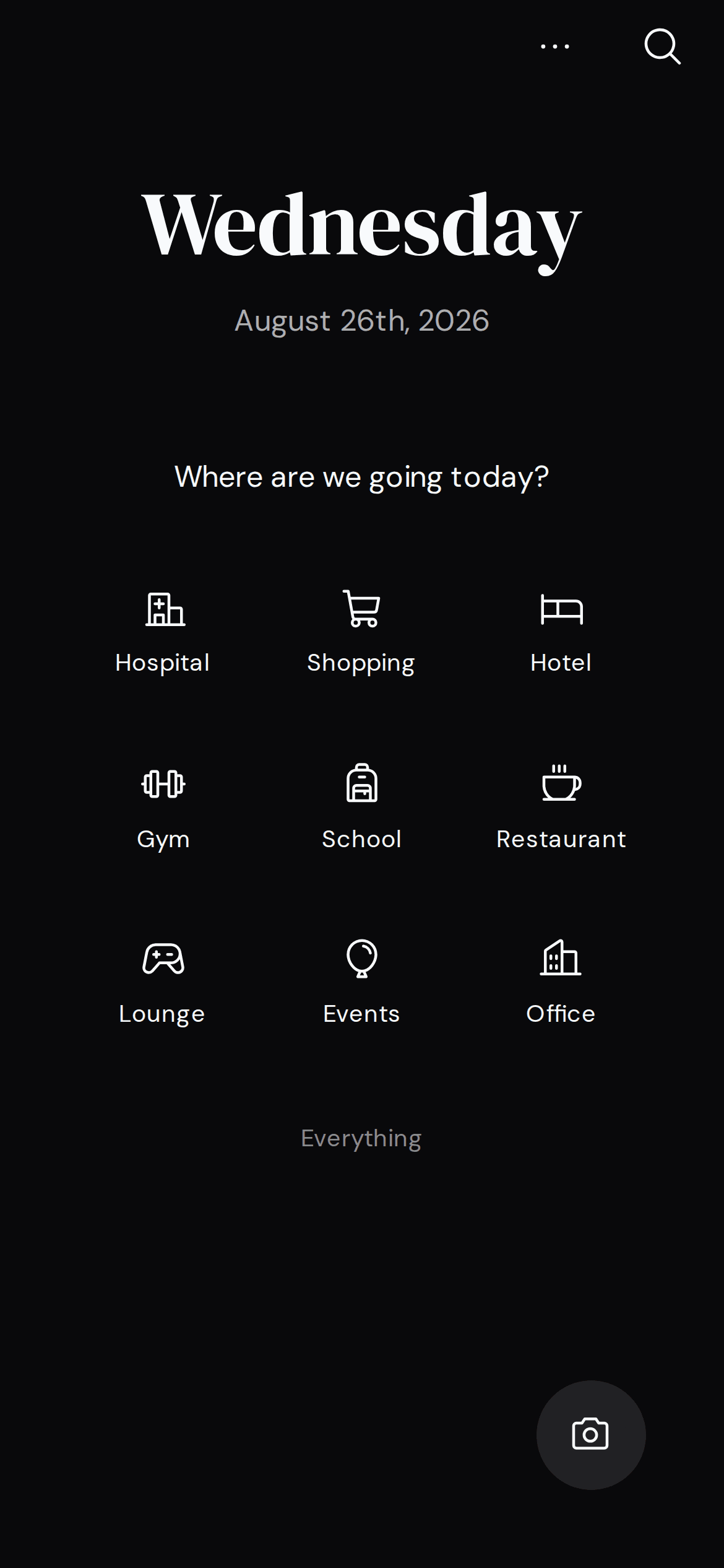 Navous mobile home screen on a high-contrast dark background, asking "Where are we going today?" above large tappable destination categories