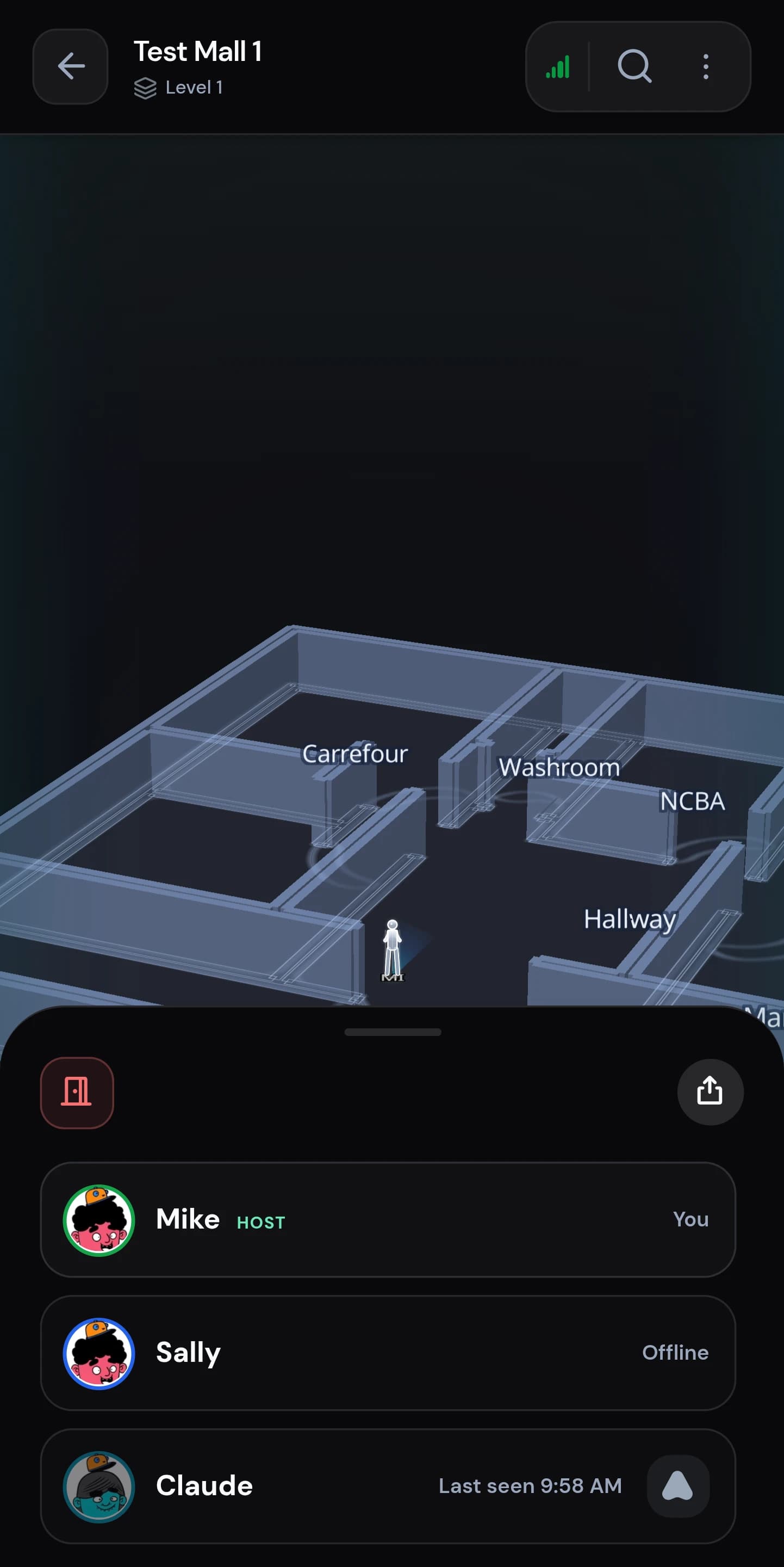 Navous squad session on a phone: a 3D floor plan with the visitor marker in a hallway, above a roster listing Mike as host, Sally offline, and a third member with the time they were last seen